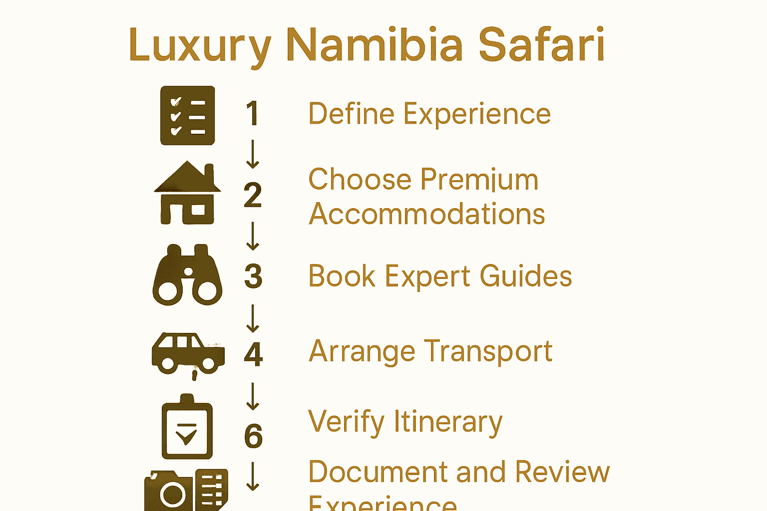 Infographic showing six steps of planning a luxury Namibian safari with simple icons.