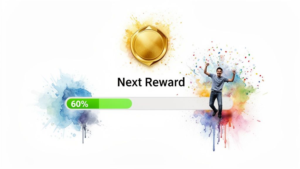A cheerful man celebrates next to a 60% progress bar, anticipating a golden reward.