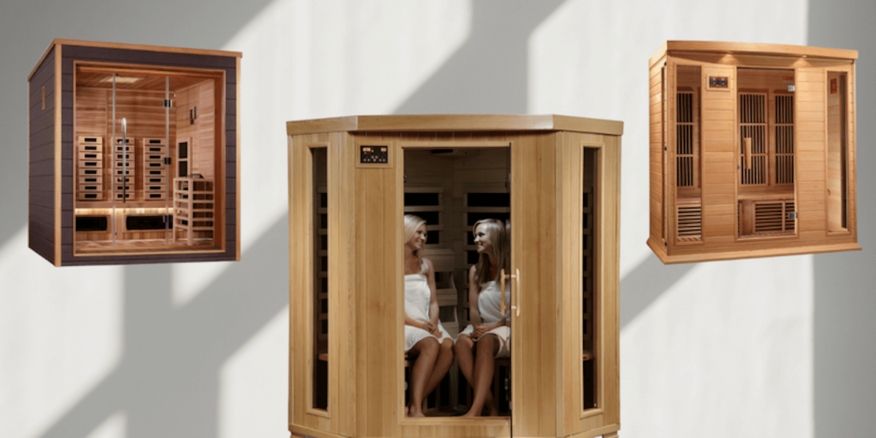 Three home sauna models, including infrared and traditional designs, displayed for indoor and outdoor use.