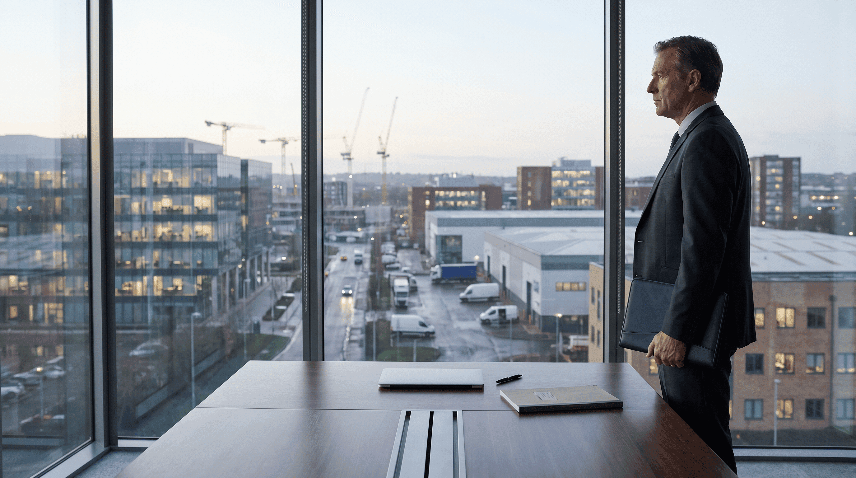 Senior business leader overlooking a major UK growth district while assessing whether the organisation is commercially positioned for new market opportunities.