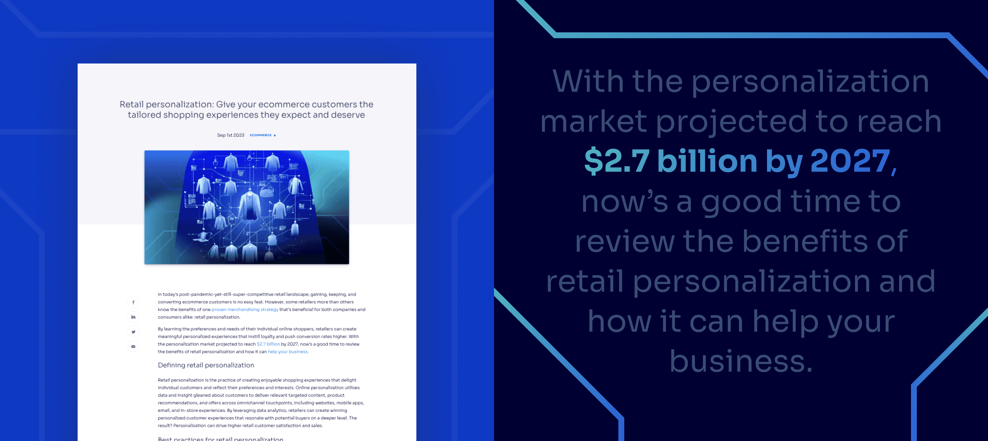 A blog article preview with the title “Retail personalization: Give your ecommerce customers the tailored shopping experiences they expect and deserve” alongside a bold stat: “$2.7 billion by 2027” emphasising market growth potential.