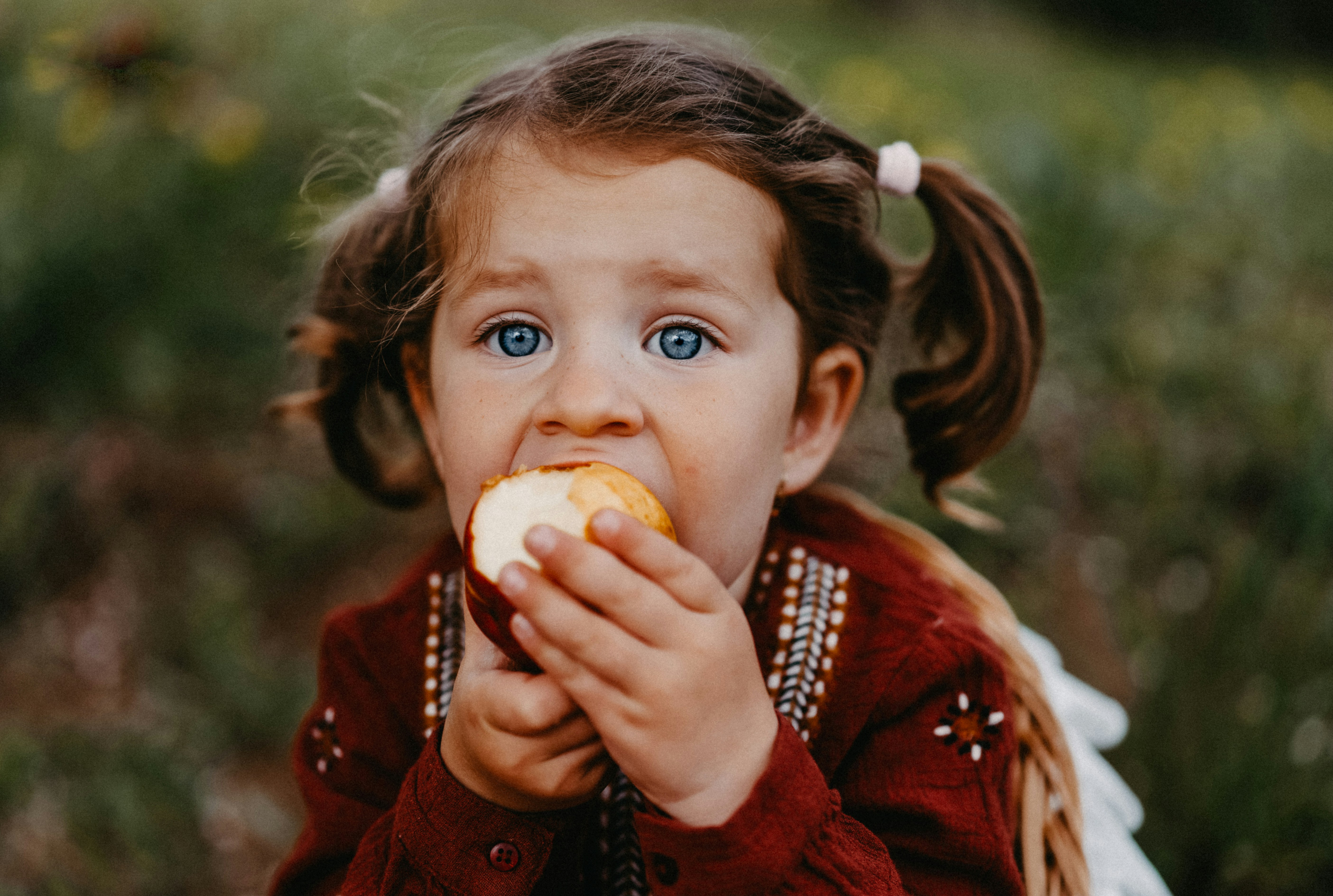 A little girl eating an apple in a field