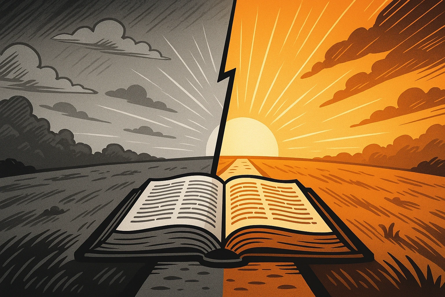 Comic-book-style illustration split diagonally: the left half shows a grayscale figure kneeling in reflection beside an open Bible under a muted sky; the right half bursts with warm orange and golden hues, depicting a radiant sun rising over a peaceful path leading into a glowing horizon, symbolizing spiritual awakening, hope, and the transformative power of scripture in 2025.