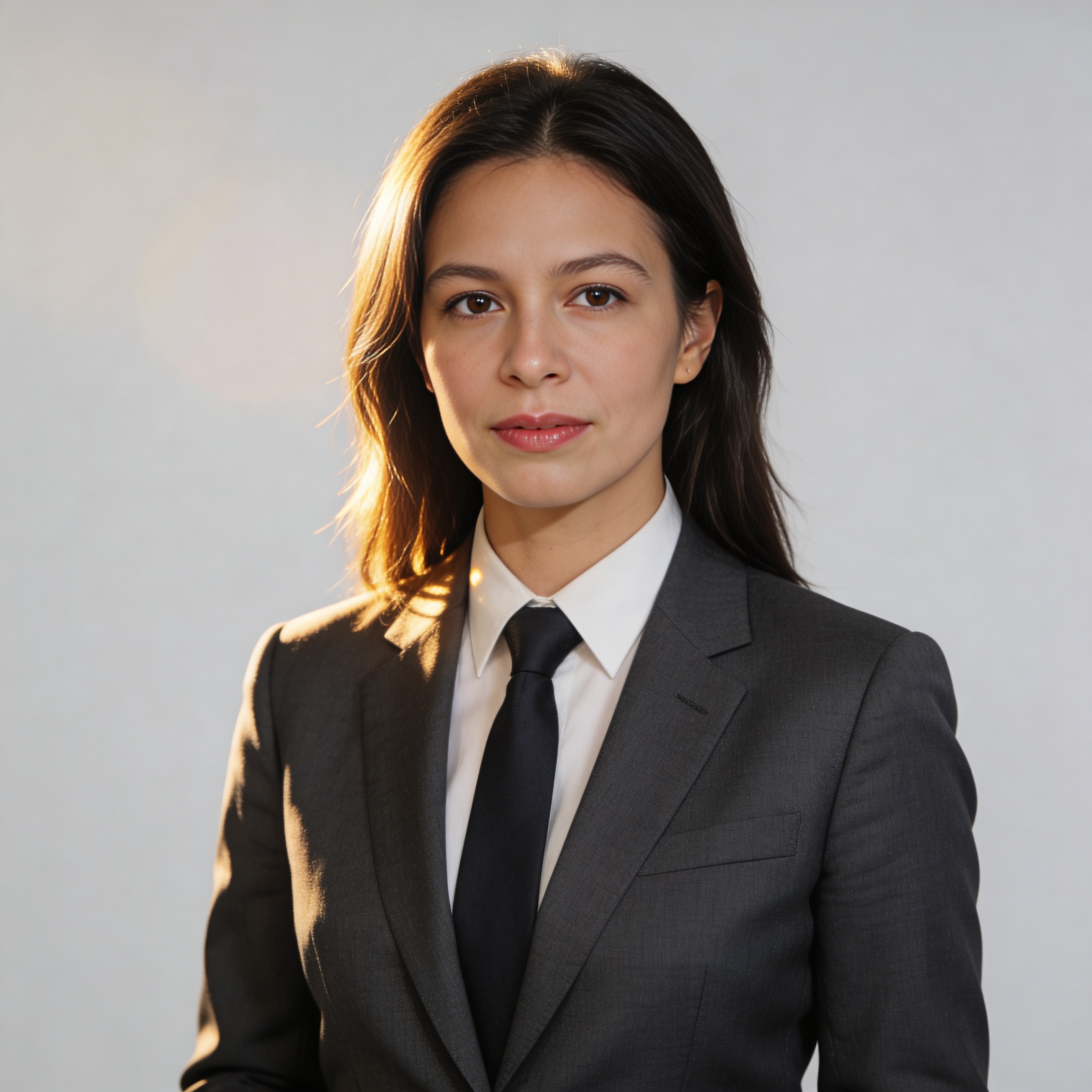 Businesswoman with long dark hair in a formal suit, confident and calm expression