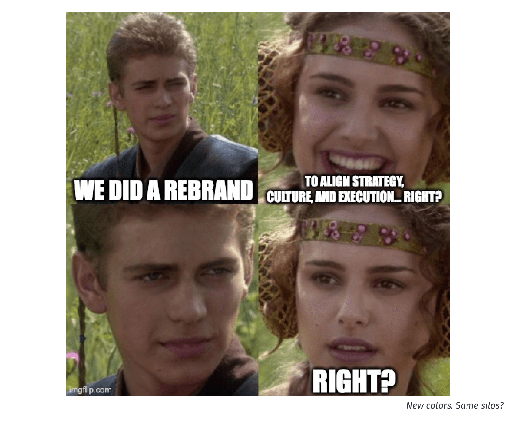 A four-panel meme using two young people in a grassy outdoor setting. In the first panel, a young man looks unsure with the caption ‘WE DID A REBRAND.’ In the second panel, a young woman smiles with the caption ‘TO ALIGN STRATEGY, CULTURE, AND EXECUTION… RIGHT?’ In the third panel, the young man stares silently. In the fourth panel, the young woman looks concerned with the caption ‘RIGHT?’ The meme humorously suggests doubt about whether a rebrand truly achieved deeper organizational alignment.