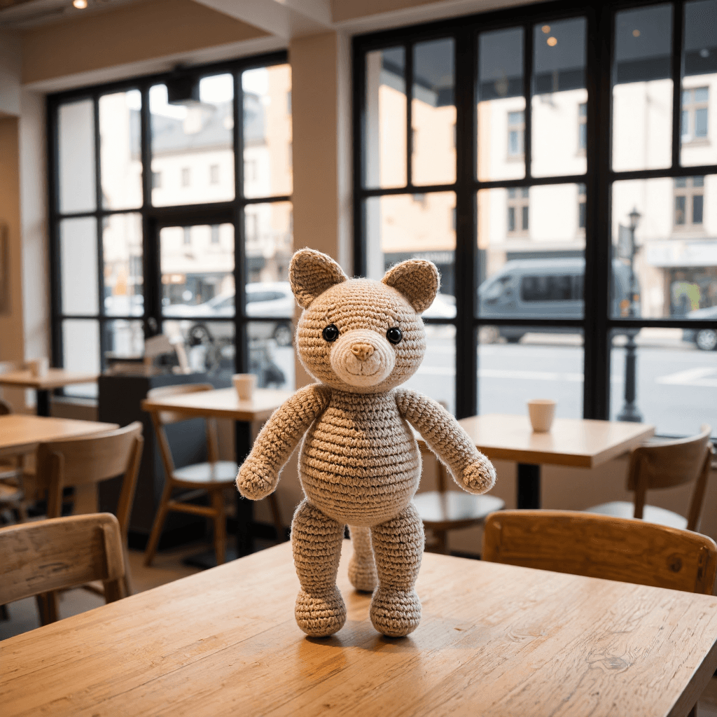 product photography of small crocheted cat toy