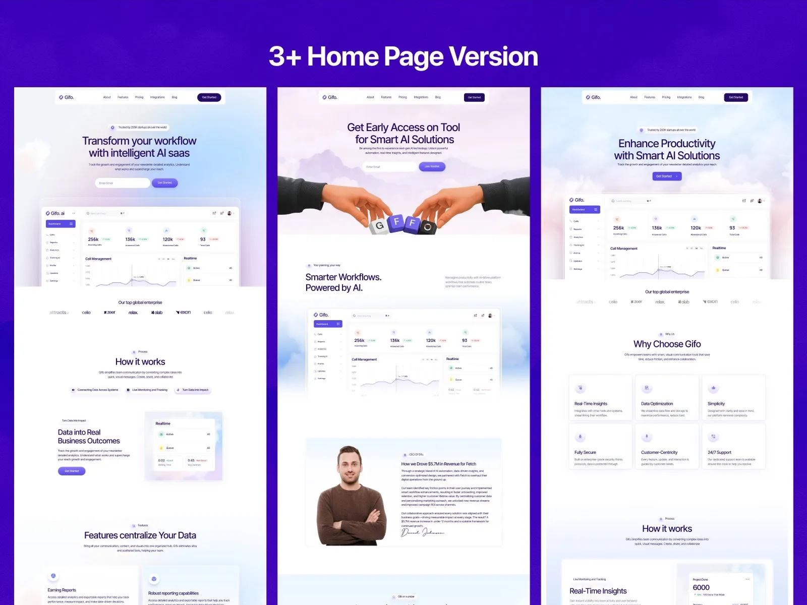 Website homepage templates showcasing AI and productivity features.