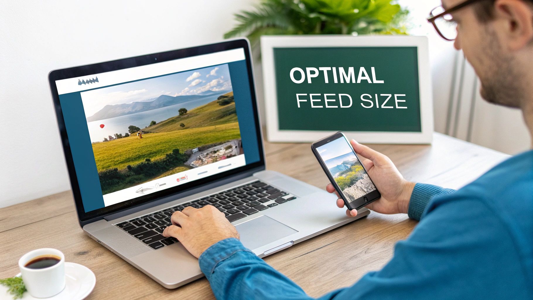 A person works on a laptop while holding a smartphone, optimizing content for social media with an 'Optimal Feed Size' sign in the background.