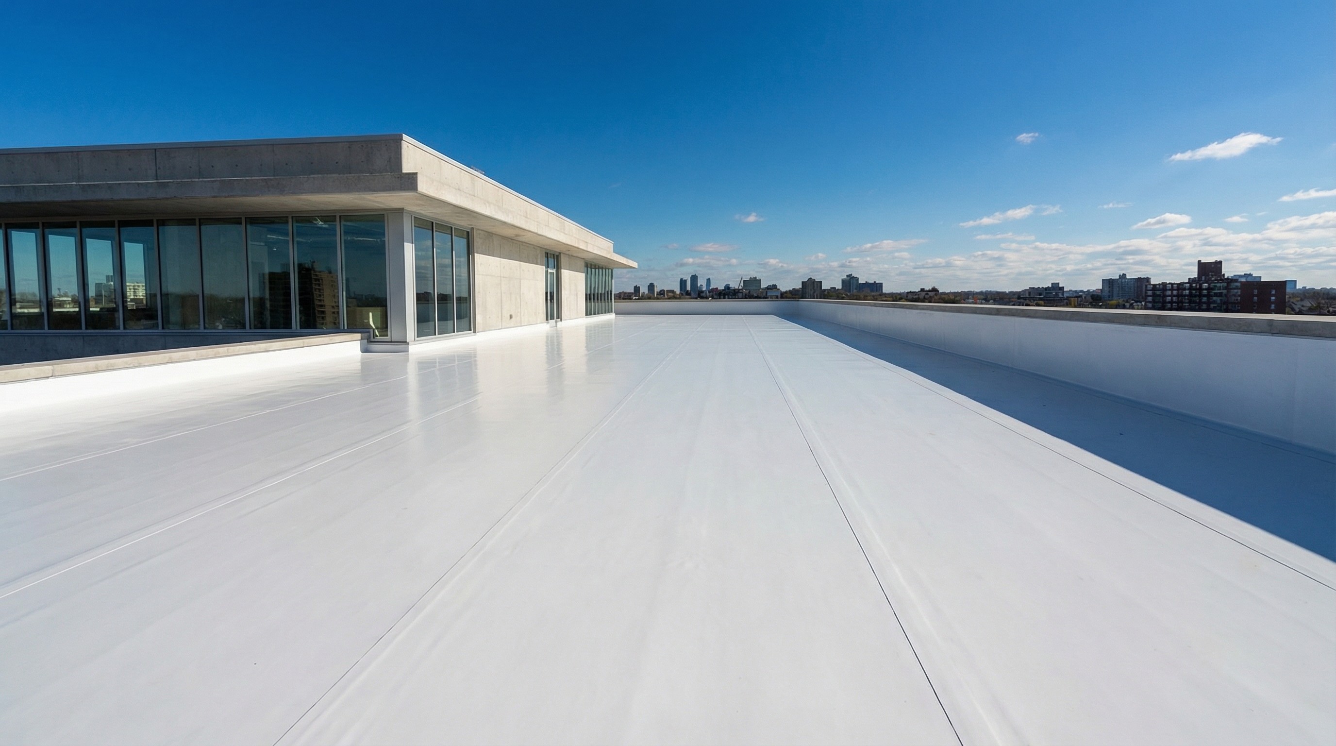 A white, glossy commercial roof on a building, with a distant city skyline under a clear, blue sky.