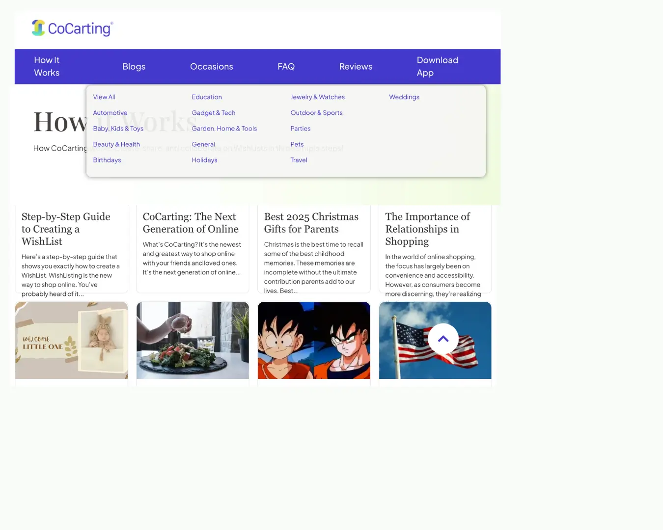 CoCarting blog page featuring wishlist guides, 2025 gift ideas, and online shopping tips.