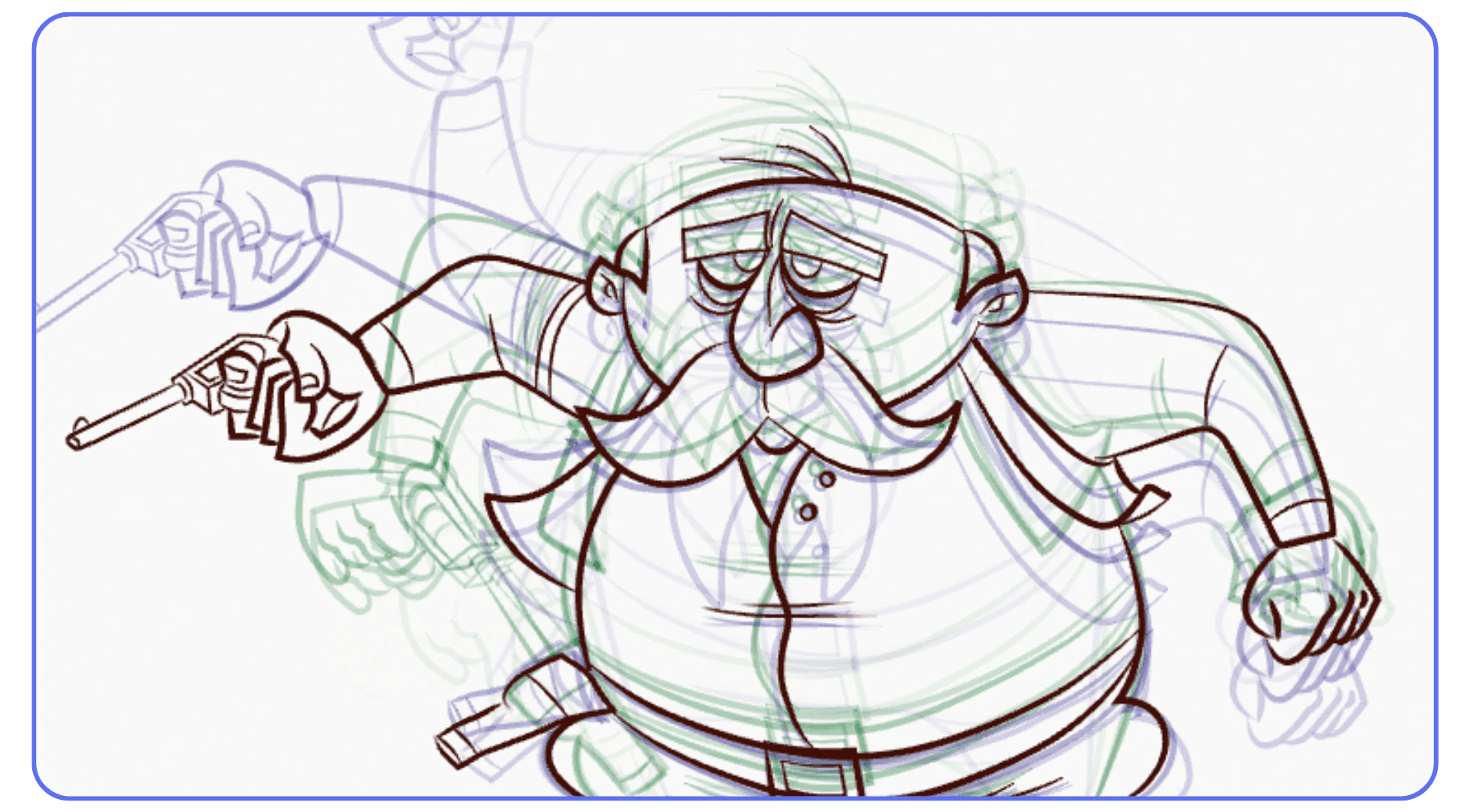 Frame-by-frame animation of a cartoon man drawn with Blender Grease Pencil, showing onion-skinned motion guides and sketch layers.