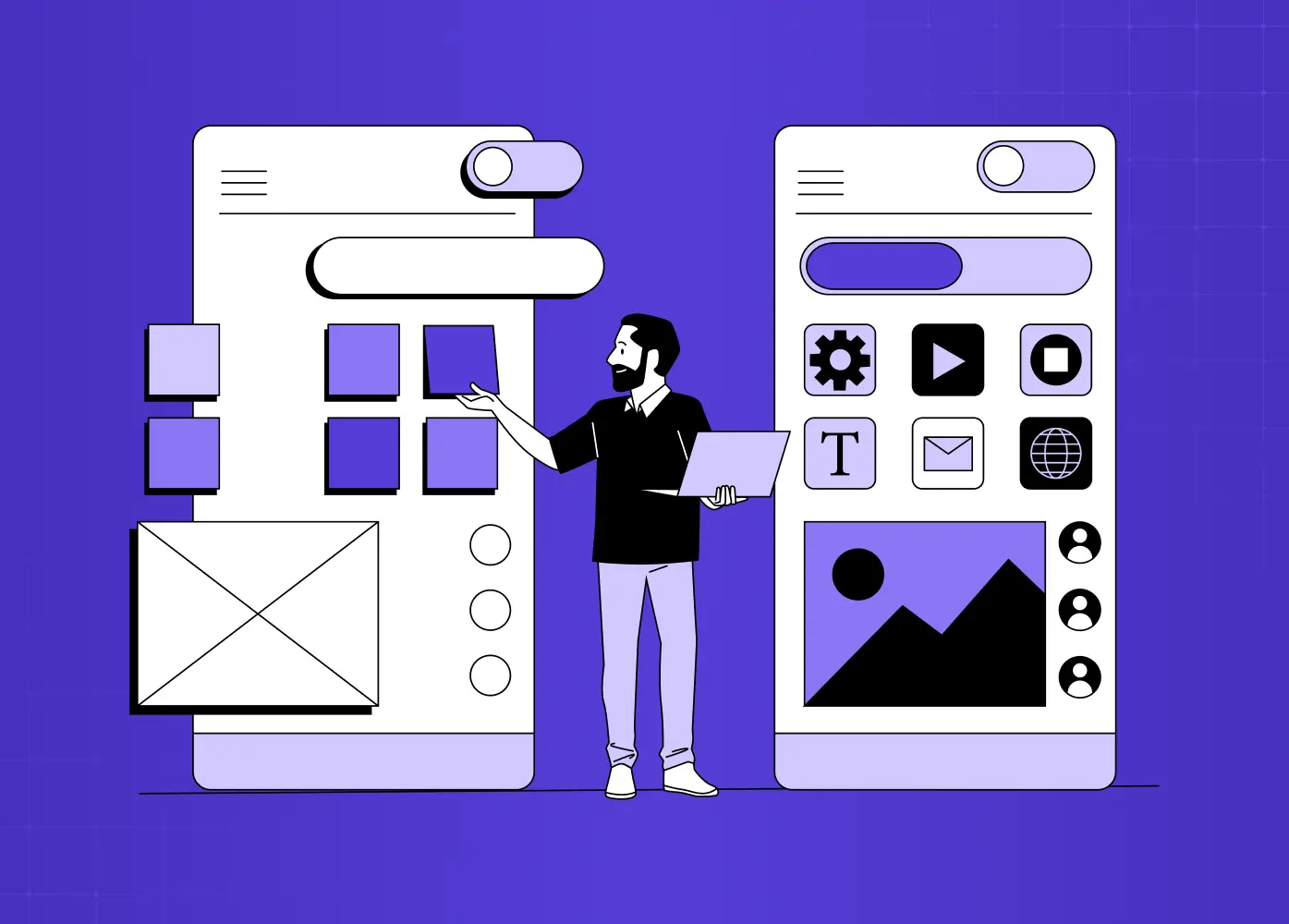 Illustration of a designer creating mobile interface layouts, symbolizing UI design, prototyping, and product customization.