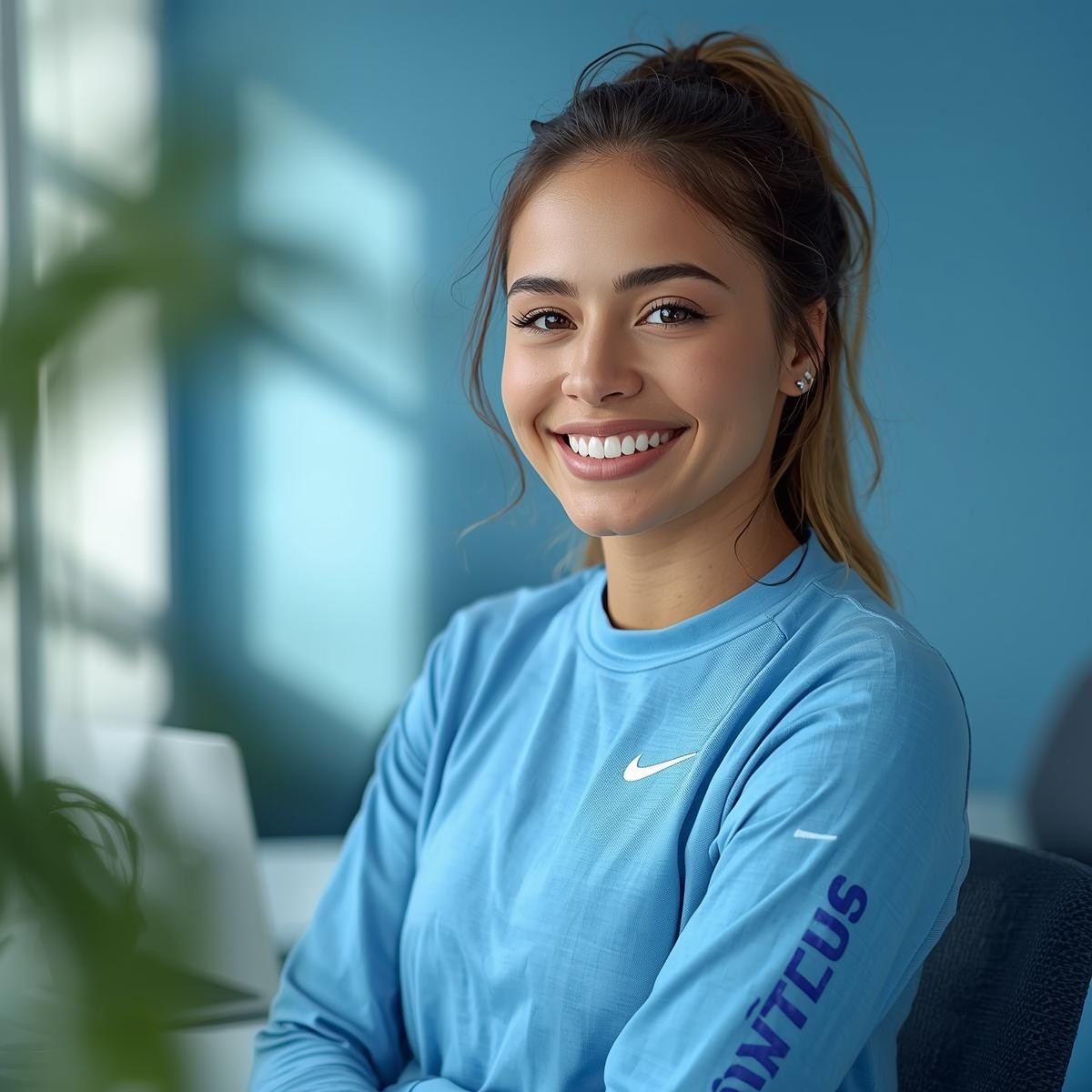 FitEdge support coach smiling at her desk