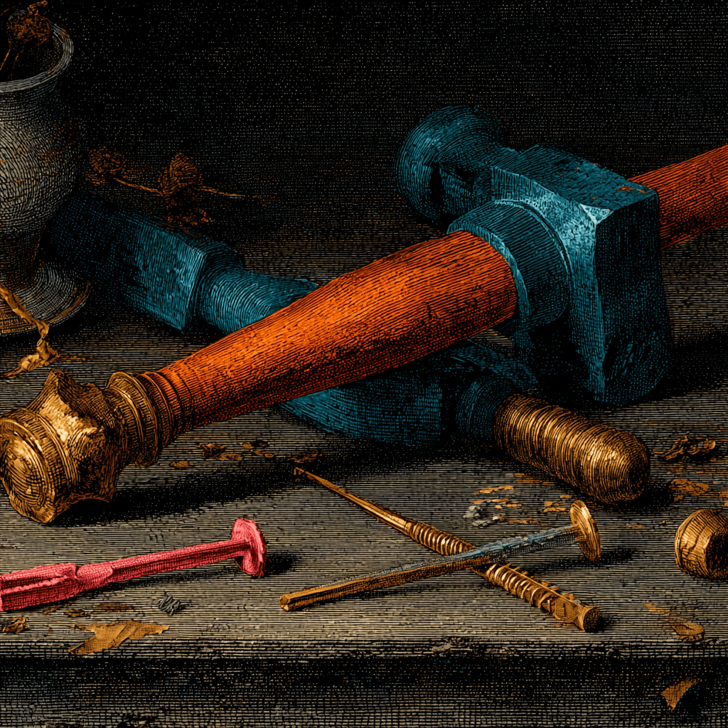 Minimal woodcut illustration of a hammer and nails