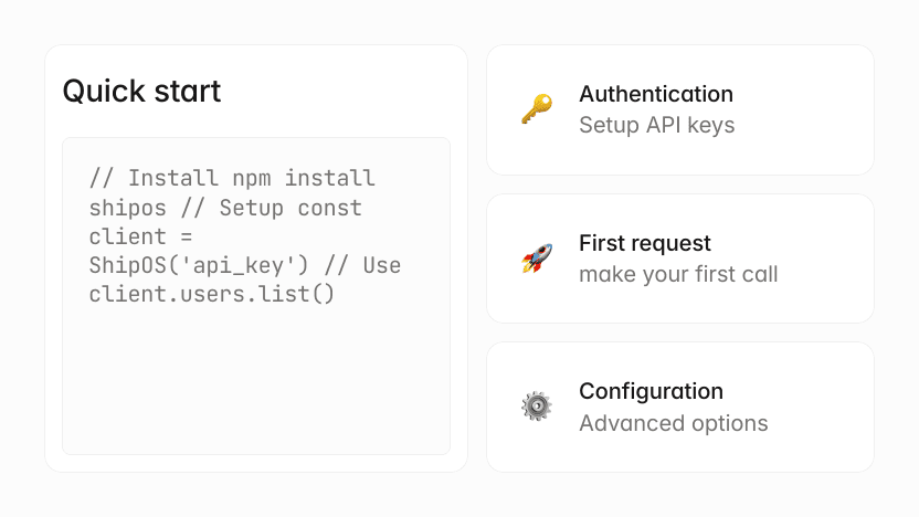 Quick start guide for Shipos API: Installation, Authentication, First Request, and Configuration.