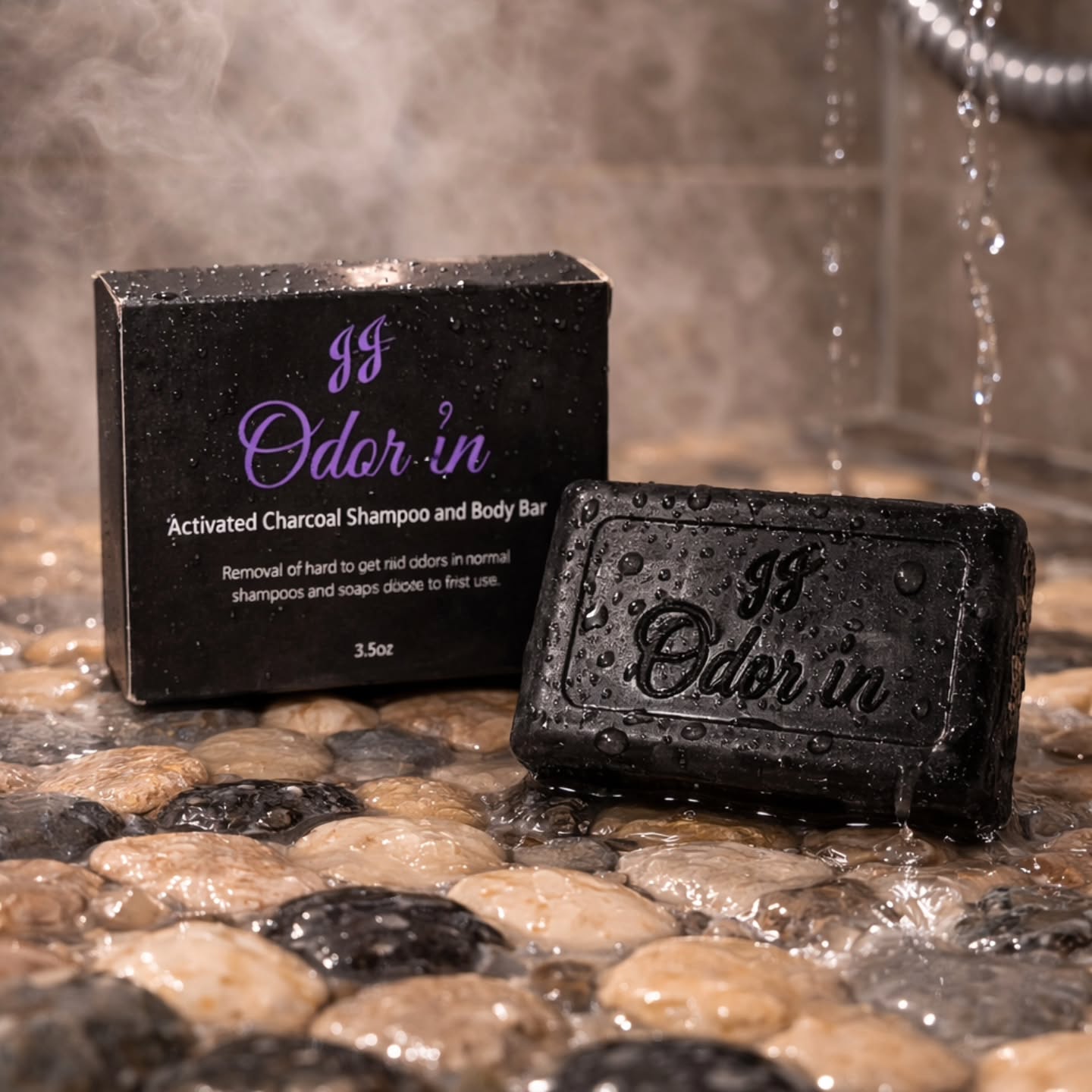 JJ Odor'in activated charcoal shampoo and body bar. Black soap in a shower.