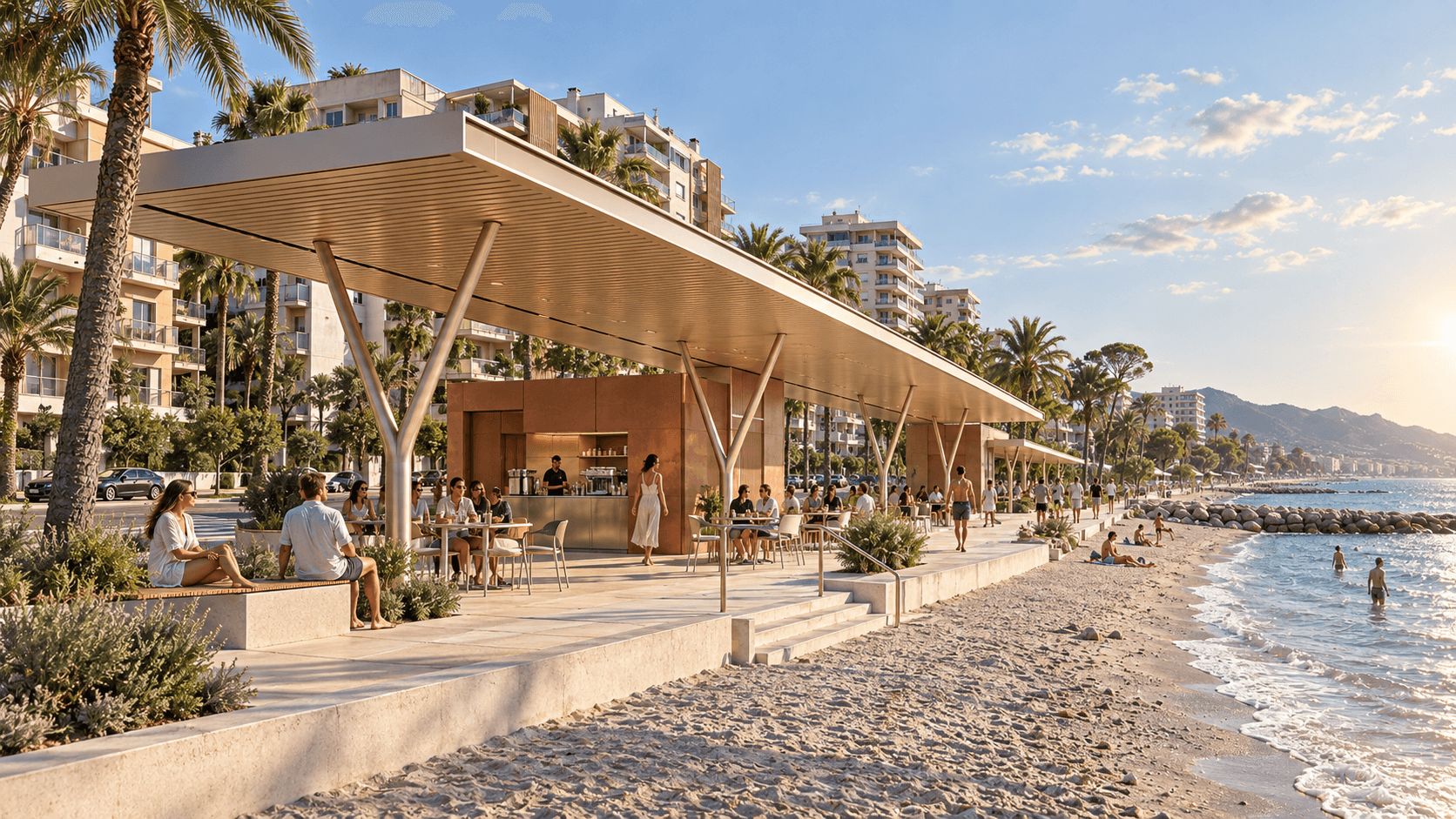 A beach pavilion with branching supports, seating and a compact café enclosure.