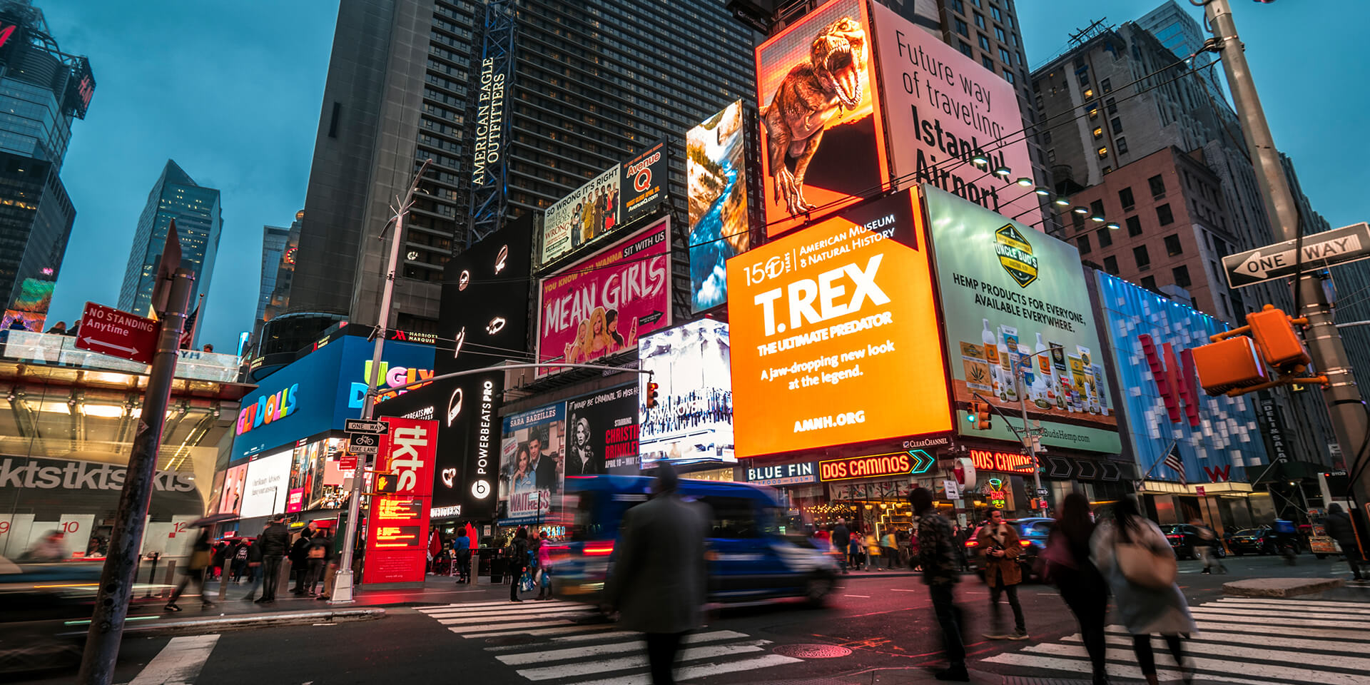 Digital billboards and outdoor advertising displays in Times Square showcasing high-impact DOOH campaigns.