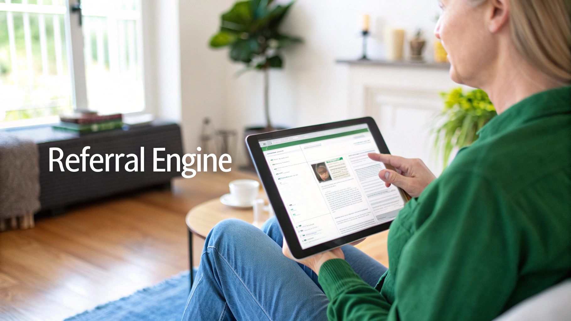 Woman sitting at home, interacting with a tablet displaying a digital 'Referral Engine' interface.