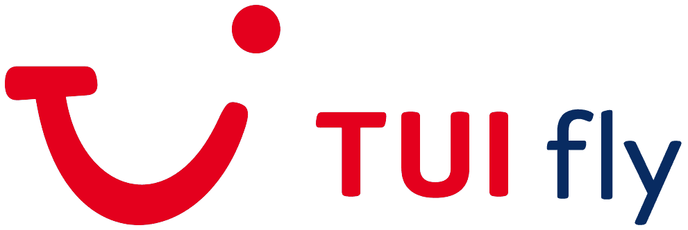 TUI fly logo: Red smile with a dot and the text TUI fly in red and dark blue font.