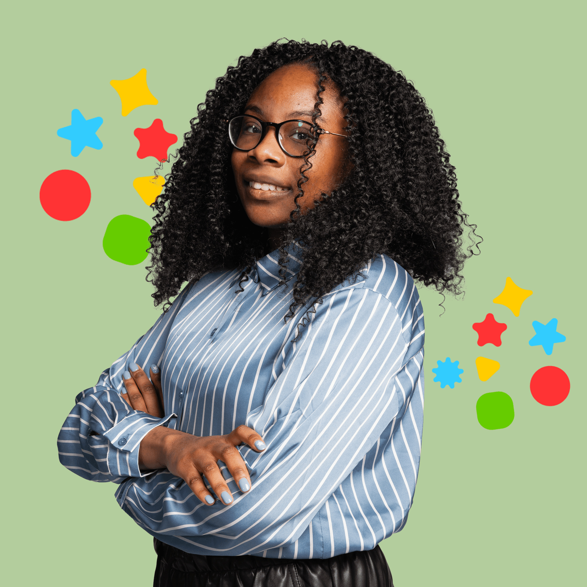 a headshot of mars infont of a green background with multi-colored flourishes. mars is a black transman with glasses and face framing crochet curls