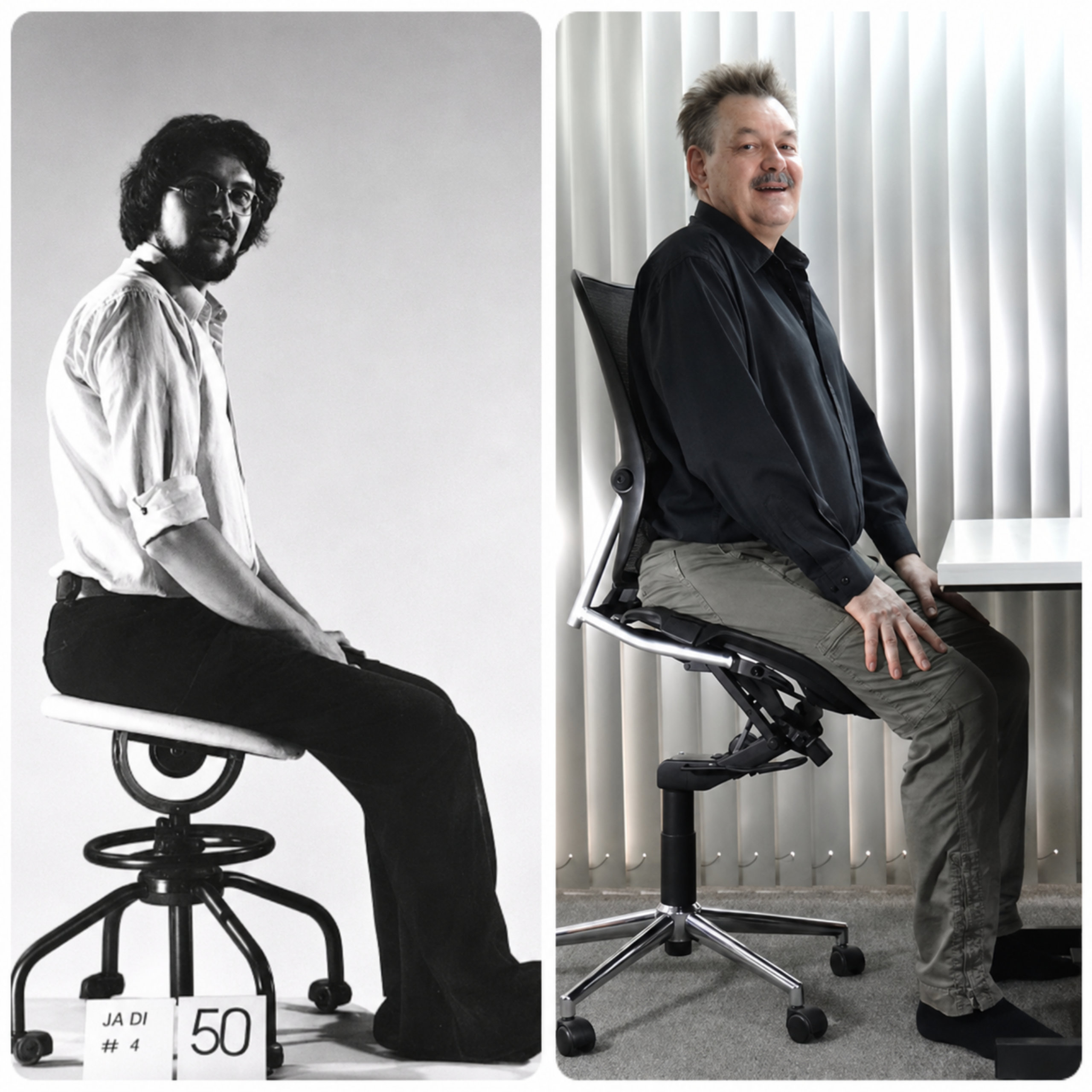 Forty-year comparison showing the evolution from an early ergonomic chair concept to one of the more modern prototypes Levitask Vision Chair.