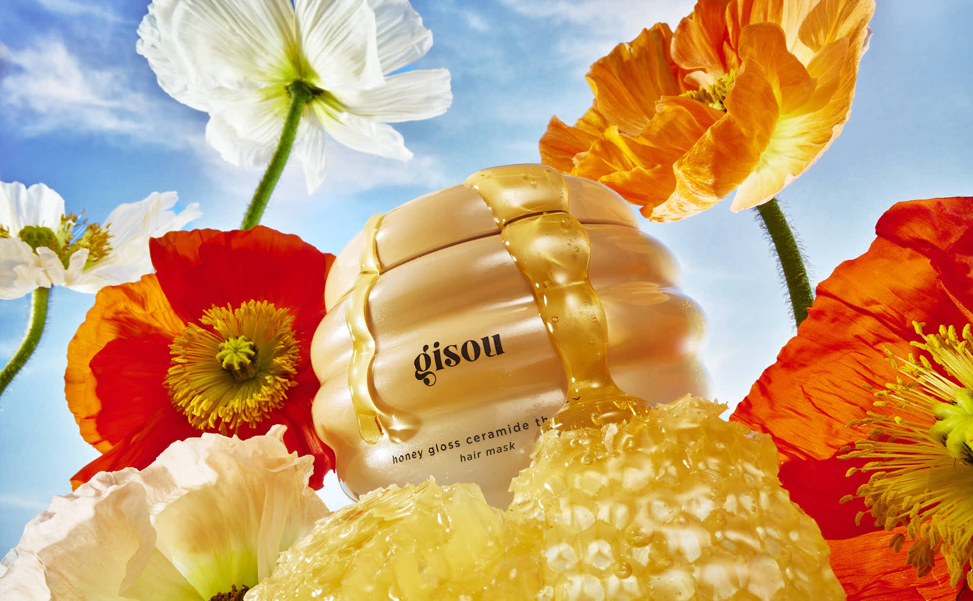 Golden honeycomb surrounded by vibrant flowers under a bright blue sky.