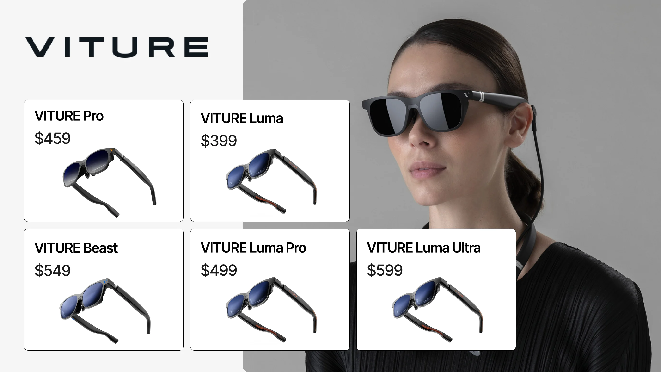 VITURE smart glasses product overview showing five models: VITURE Pro at $459, VITURE Luma at $399, VITURE Beast at $549, VITURE Luma Pro at $499, and VITURE Luma Ultra at $599, alongside a woman wearing grey VITURE display glasses