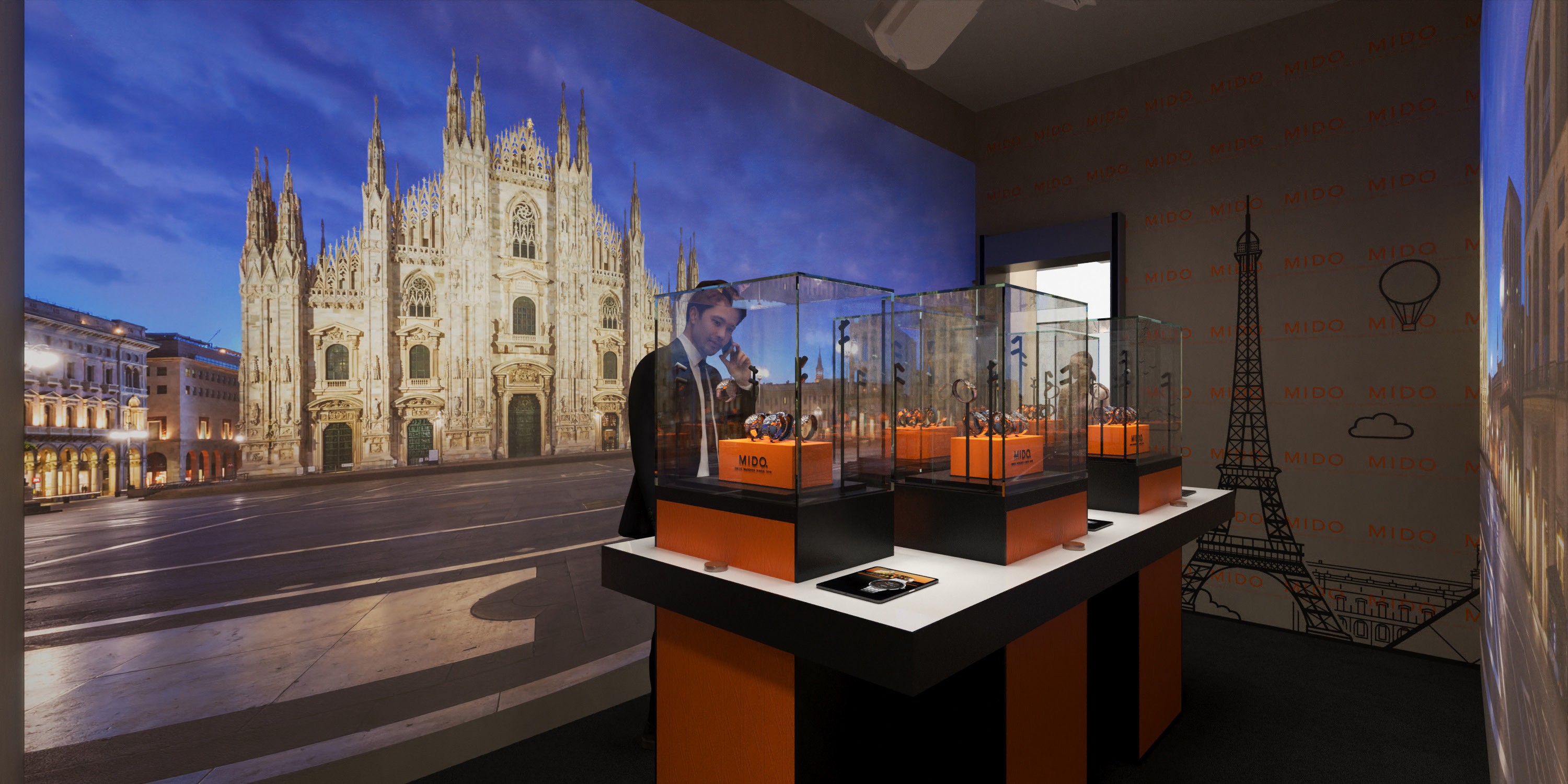 Cinema and immersive area table of MIDO watches Pop up design and exhibition retail concept for Switzerland market