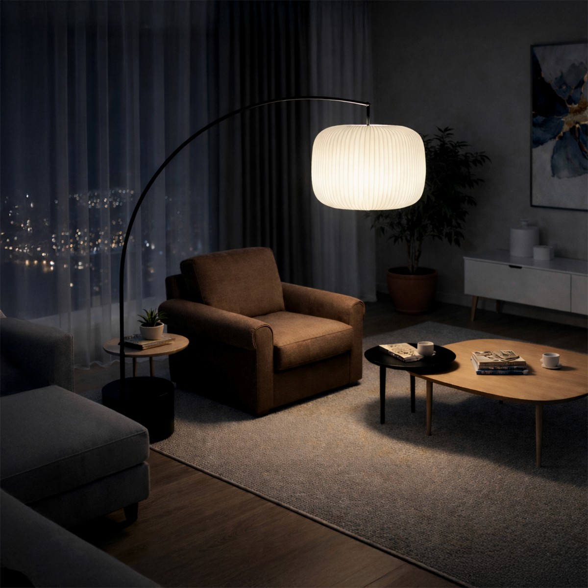A wide shot of a living room at night. A large, arched floor lamp is illuminated, casting a warm, soft glow over a brown armchair and wooden coffee table.