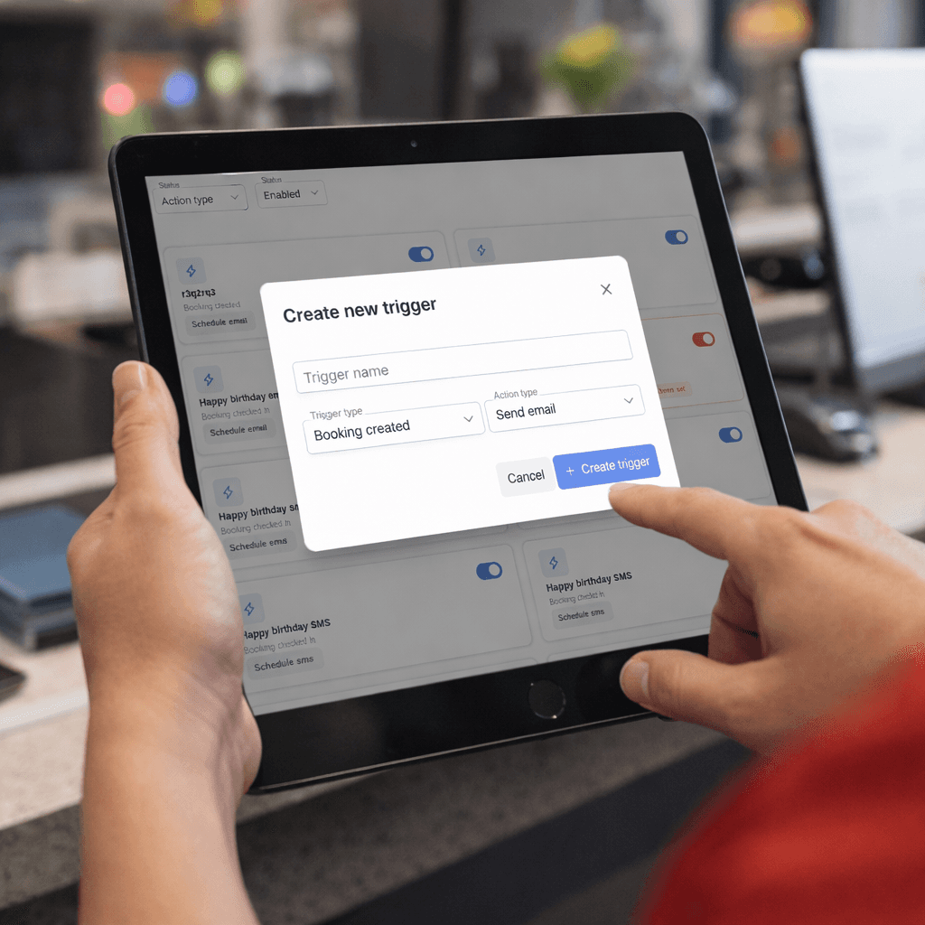 A young person with curly hair smiles at the camera while sitting in front of a laptop against a dark background.
