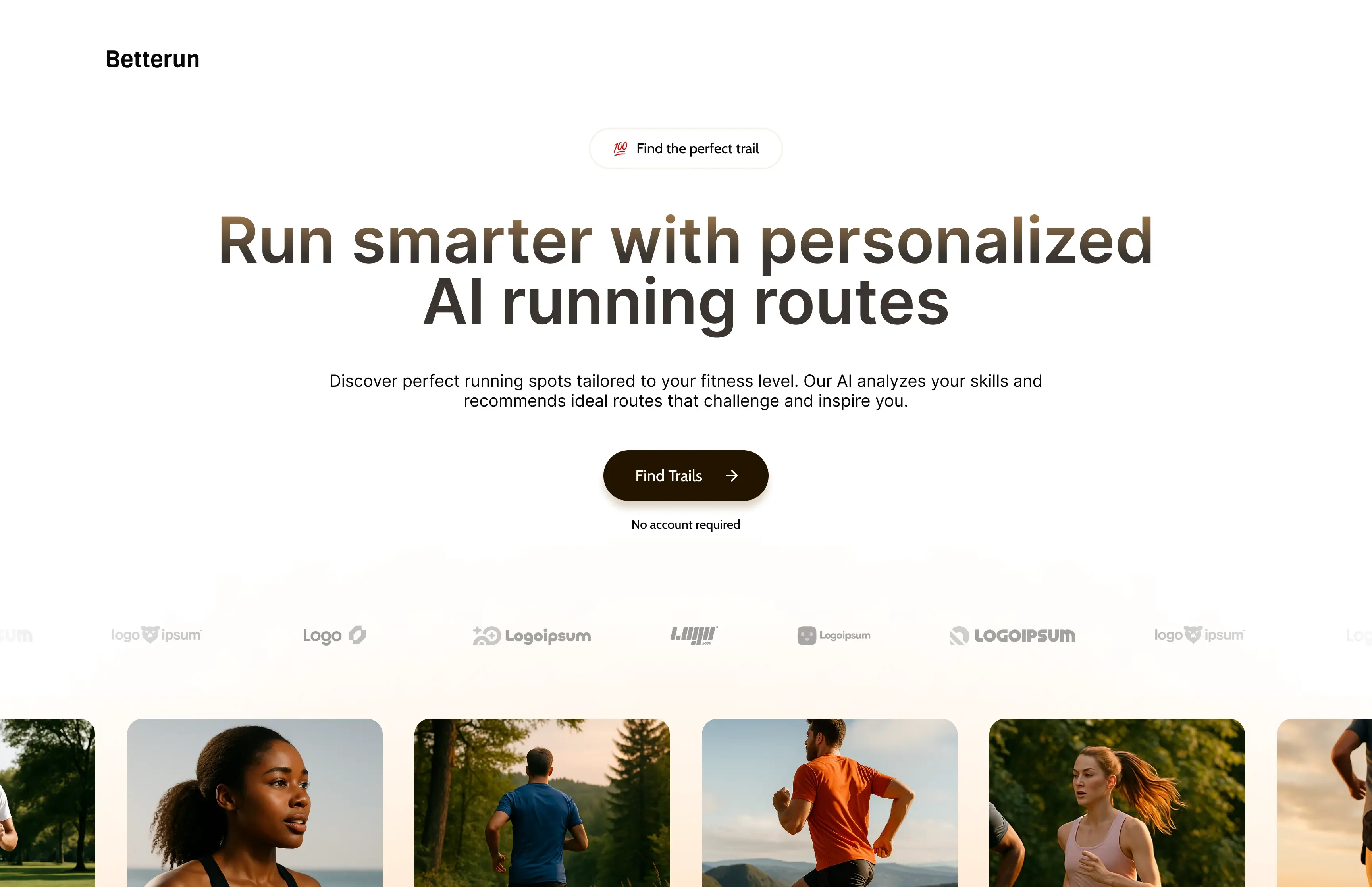 Hero section of a running app displaying the headline about personalized AI running routes with a central call-to-action and subtle runner images fading into the background.