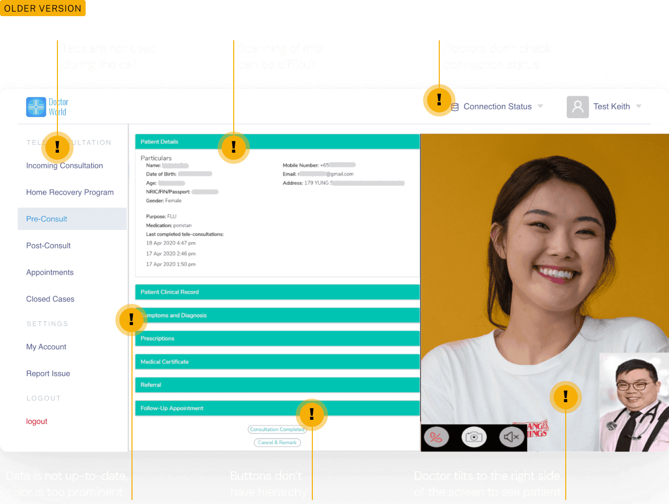 Annotated interface of a teleconsultation app highlighting flaws such as overly prominent search functions, confusing information hierarchy, and the redundancy of some tabs and features.