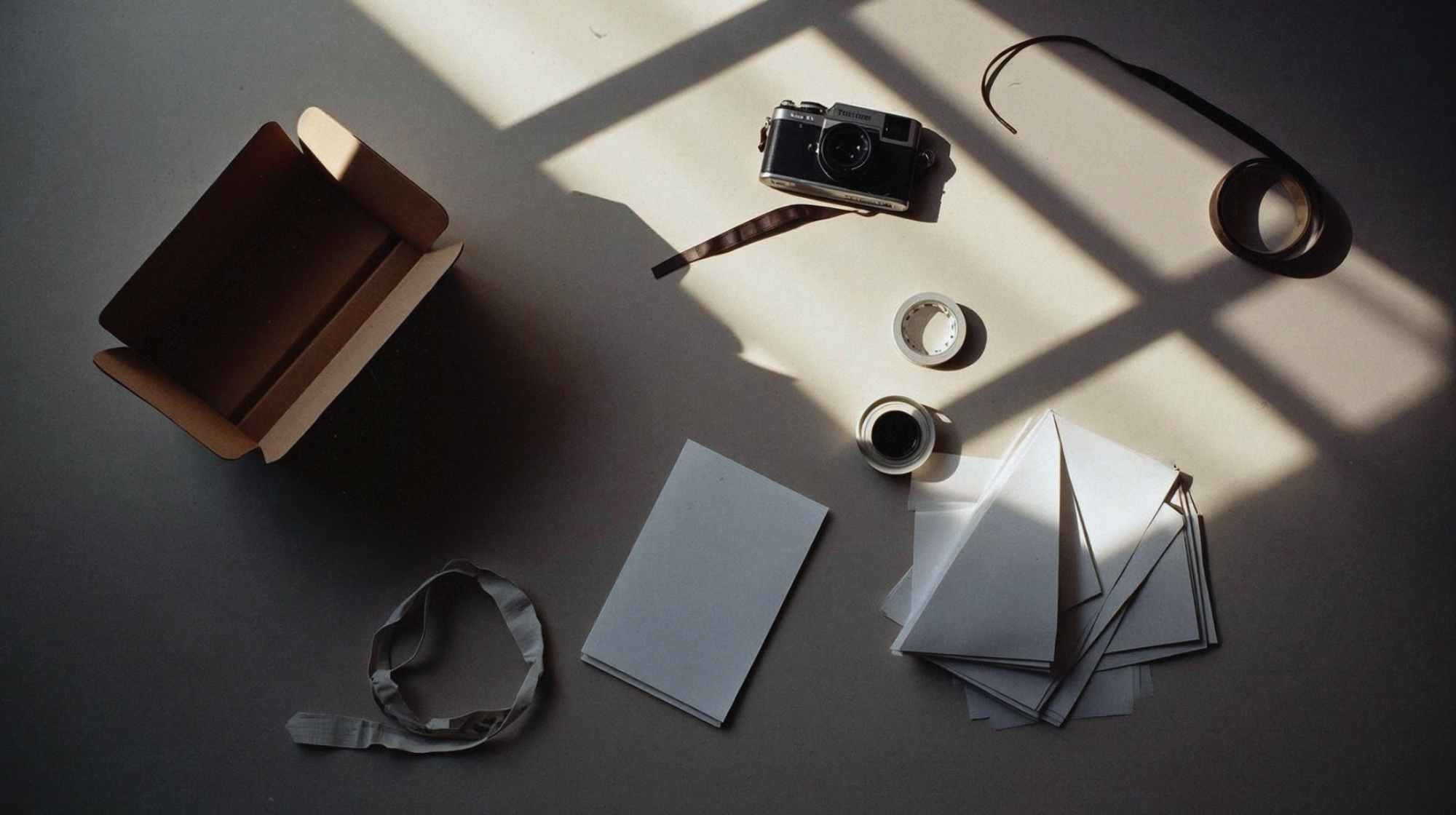 Product photography flat lay with camera, boxes, and stationery arranged in natural light for a product branding and content project by Casa Clara Studios.