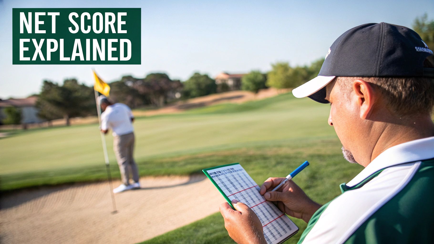 A golfer in a cap diligently records scores on a scorecard on a sunny golf course.