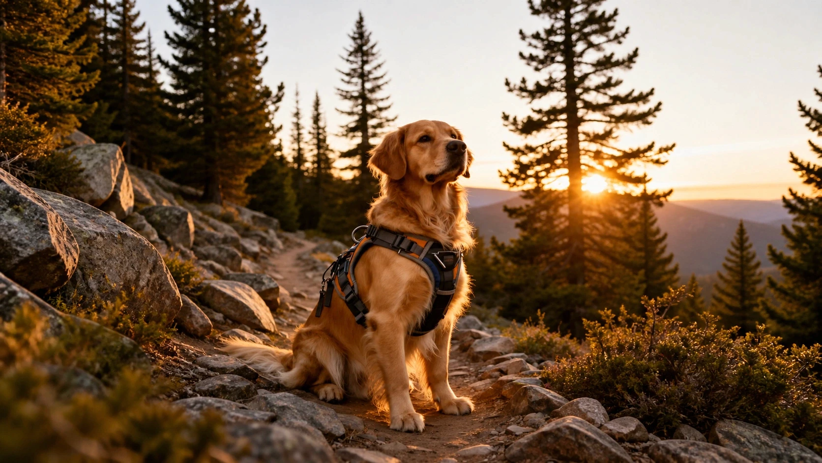 Golden retriever wearing a hiking harness sitting on a rocky mountain trail at sunset surrounded by pine trees