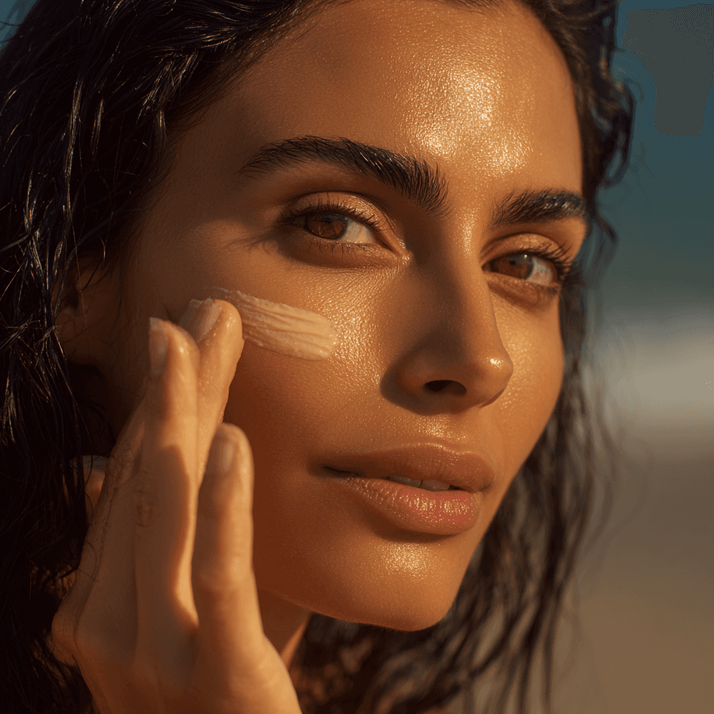 Women on beach applying cream on face portrait