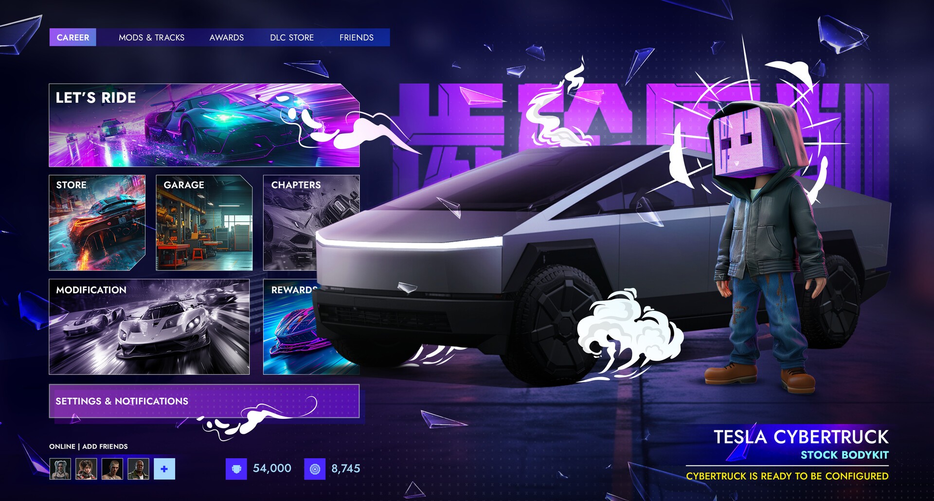 A futuristic video game screen showcasing a blocky, humanoid character with a pixelated head standing beside a sleek Tesla Cybertruck, surrounded by neon highlights and interface options including "Store," "Garage," and "Chapters."