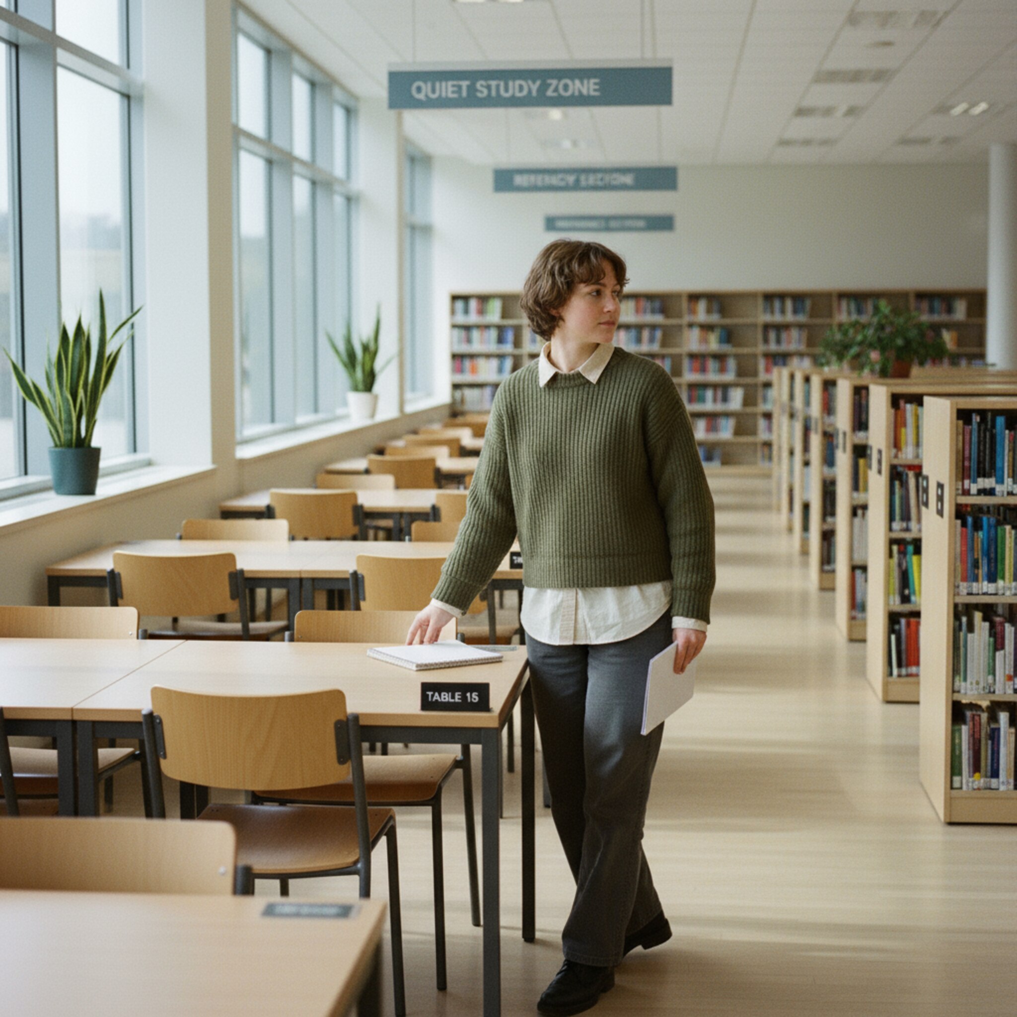 A bright reading area unfolds with clearly arranged zones, separated by low shelves. Numbered tables stand in quiet rows, and pathways are spaciously designed. A person adjusts a chair and sets out a booklet. The layout appears logical, making orientation intuitive at first glance.