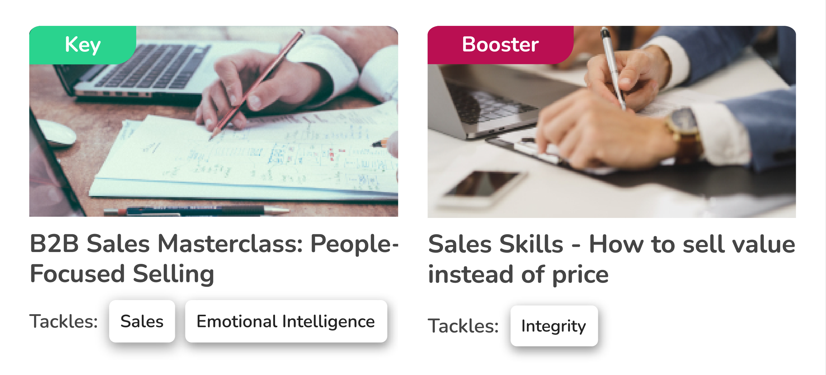 Training module cards for "B2B Sales Masterclass: People-Focused Selling" tackling Sales and Emotional Intelligence, and "Sales Skills - How to sell value instead of price" focusing on Integrit