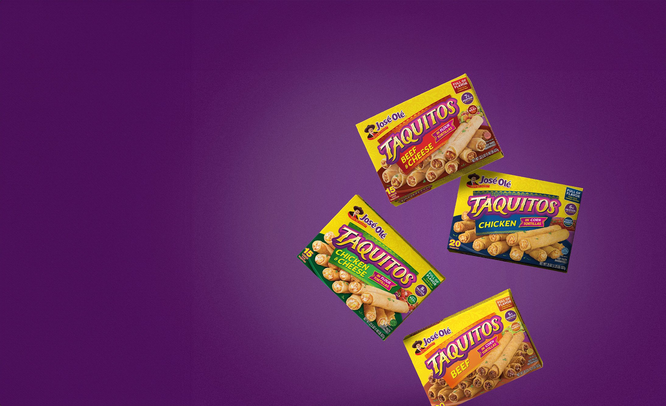 Three colorful snack wrappers displayed against a purple background.