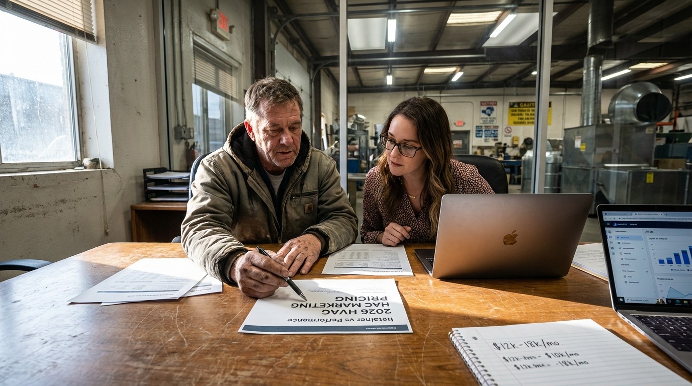 Commercial HVAC contractor reviewing marketing agency pricing proposals and ROI calculations