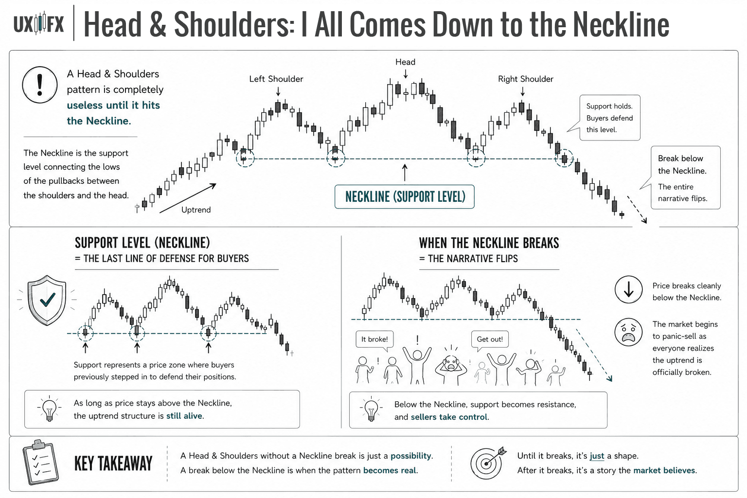 Educational infographic explaining why the neckline is the critical confirmation point in a Head & Shoulders chart pattern. The top section shows a completed Head & Shoulders formation with the left shoulder, head, and right shoulder labeled above a horizontal neckline that connects the pullback lows. The infographic emphasizes that the pattern is not confirmed until price breaks below this support level. Lower panels explain that the neckline represents the last line of defense for buyers and illustrate how a decisive break below support signals a shift in market sentiment from bullish to bearish as sellers gain control. The minimalist UX wireframe-style illustration uses grayscale candlestick charts with subtle teal accents to highlight the neckline and key transition points.