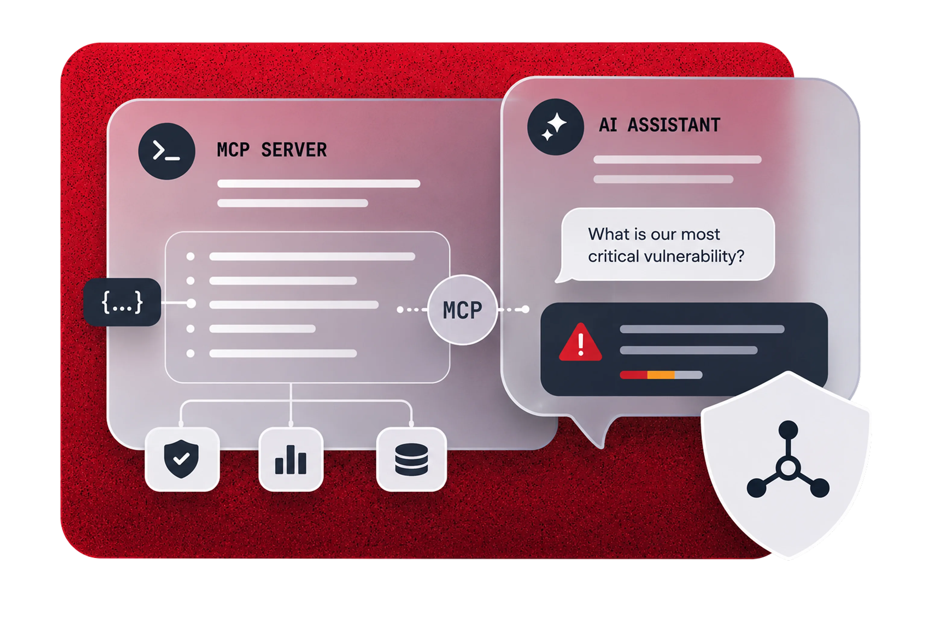 MCP server illustration: an AI assistant asks for the most critical vulnerability and gets security data through MCP.