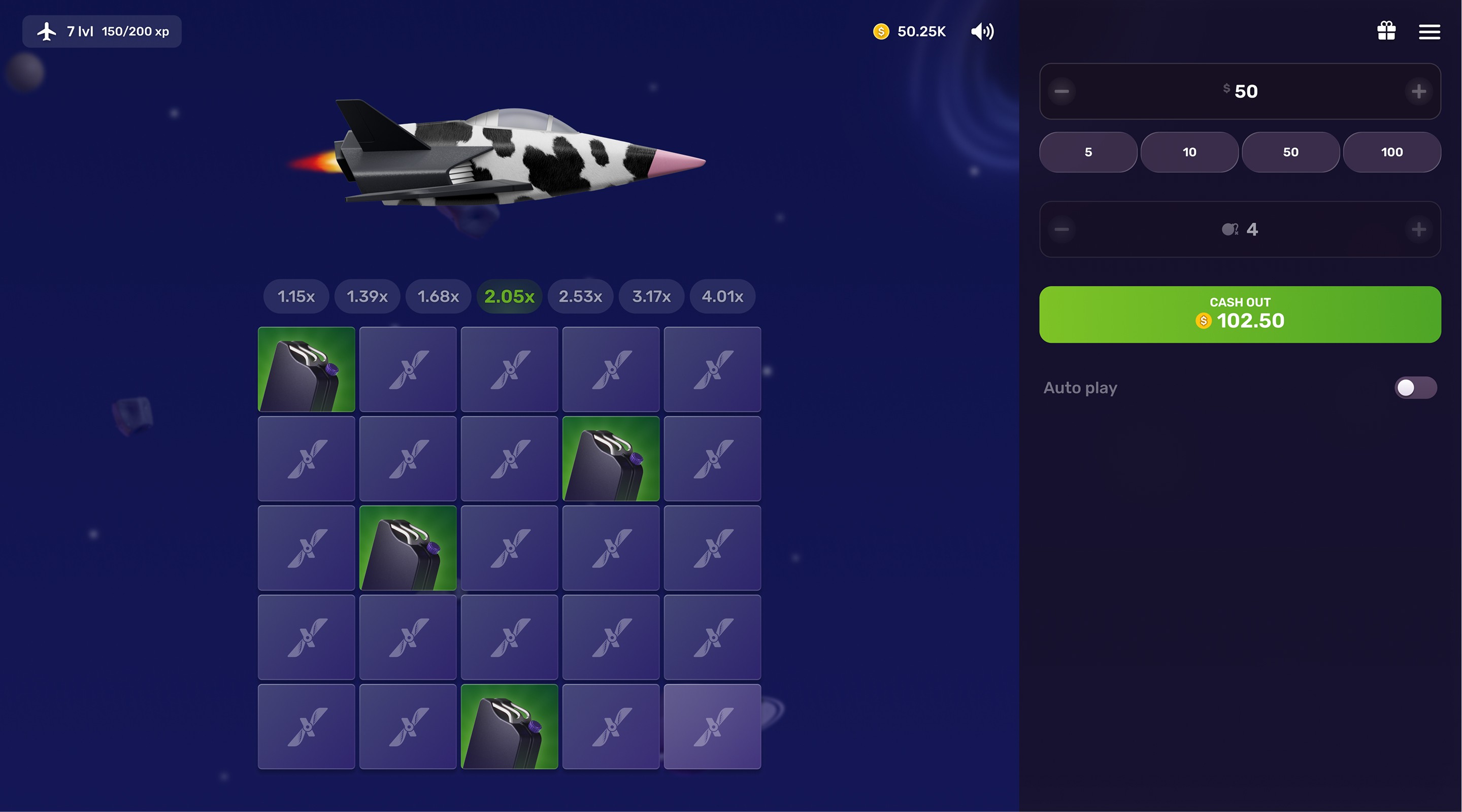 Aviatrix Mines game grid with hidden tiles and mine selector