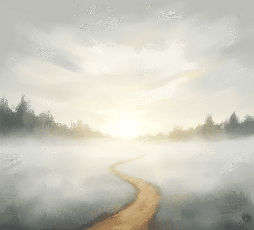A serene painterly landscape where fog lifts into light — reflecting the process of understanding pain and reclaiming balance.