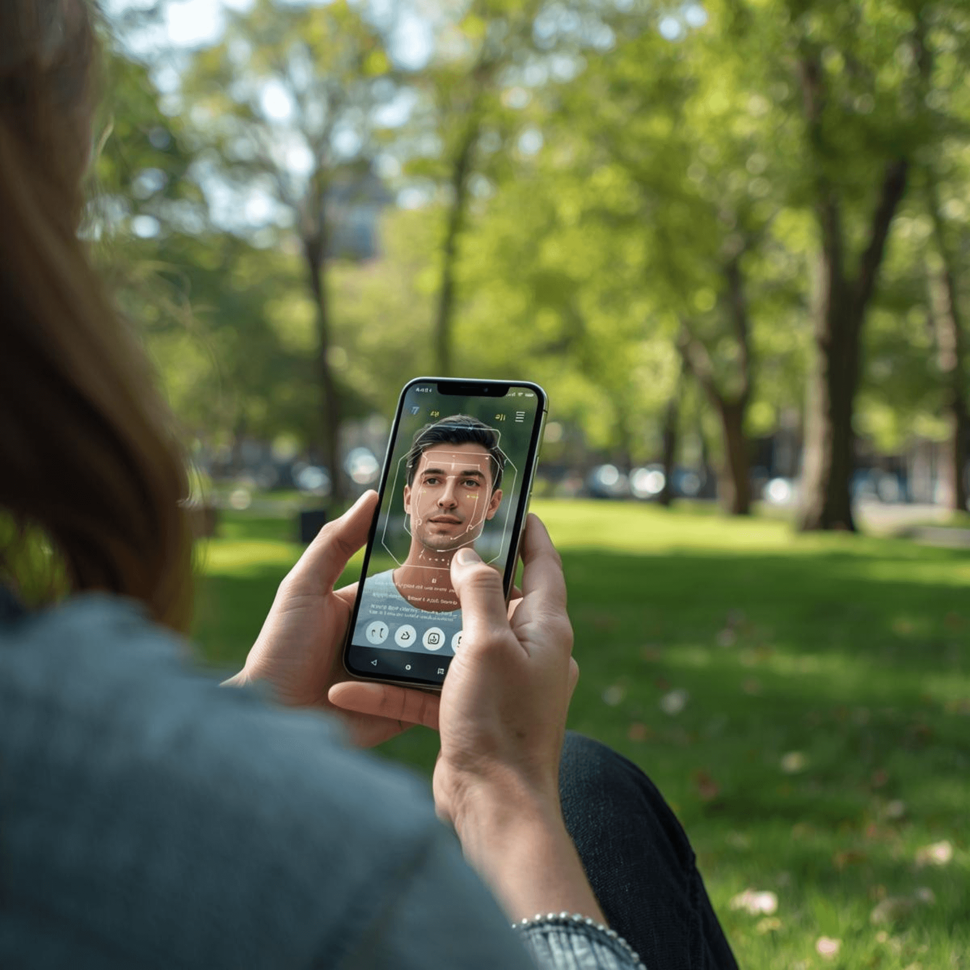 Persona sosteniendo un smartphone en un parque exterior que muestra una interfaz de reconocimiento facial y escaneo biométrico en tiempo real.