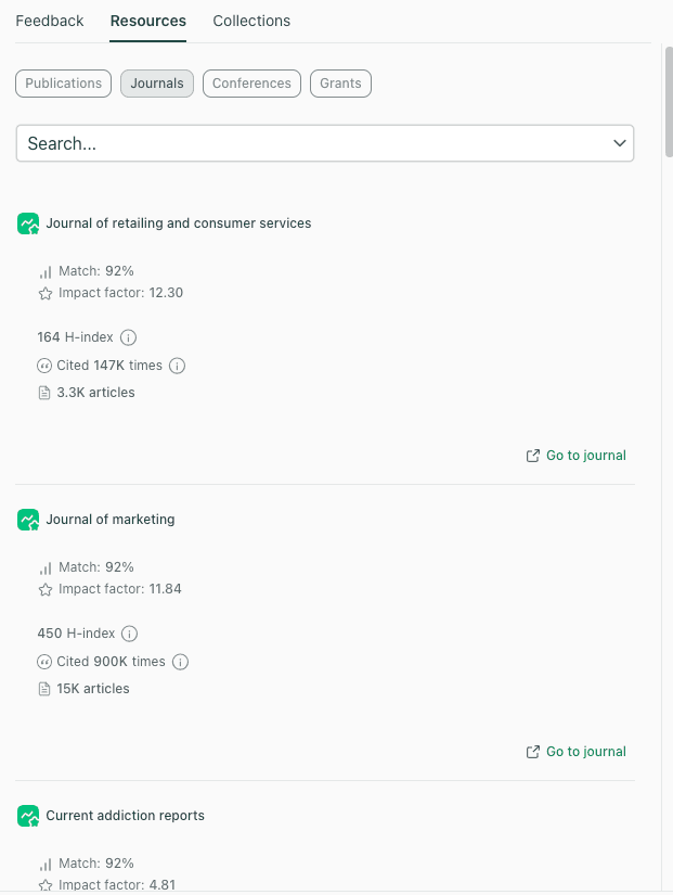 thesify journal recommendations list showing match score, impact factor, and H-index for suggested journals