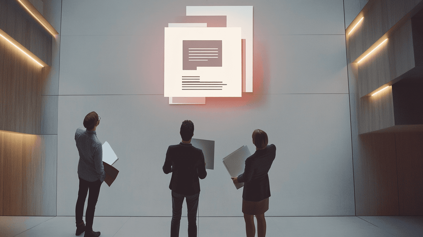 Documents pinned beside a 3D review scene