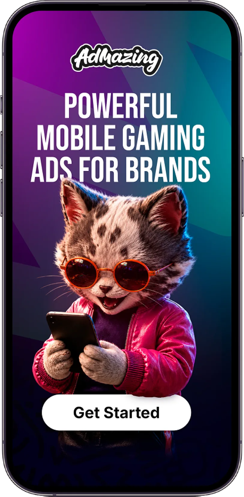 PlayPlus end card with the Admazing cat and a Get Started button.